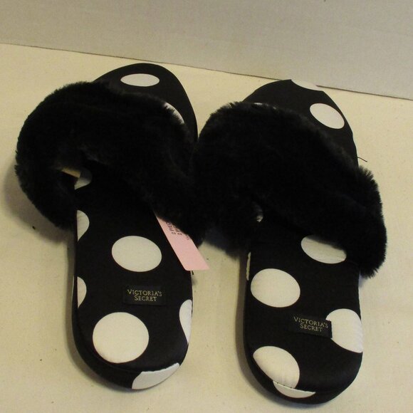 Victoria Secret NEW Woman Large (9-10) Black White Fuzzy Slippers With Case - Picture 4 of 9